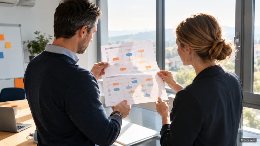 Zwei Personen halten Prozessdiagramme gegen das Licht und prüfen den Ablauf gemeinsam